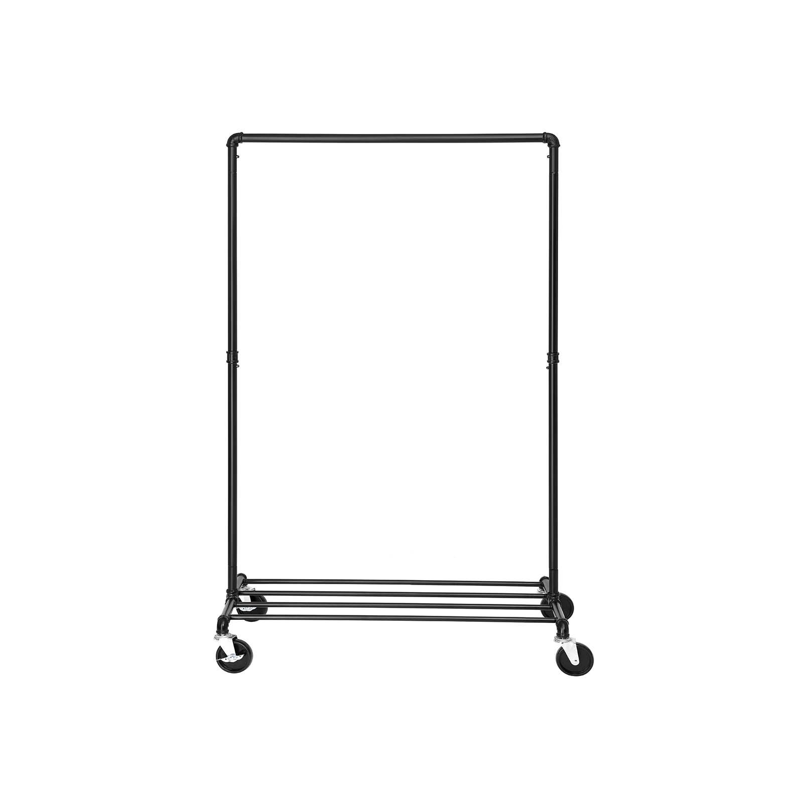 Tøjstativ på hjul Heavy Duty, industrielt design, 90 kg, 1 bøjlestang og hylde, sort