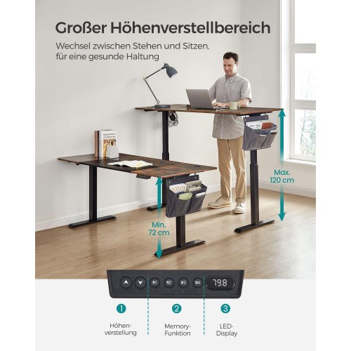 Hæve-sænke skrivebord SONGMICS, 70 × 160 × 72–120 cm, delt bordplade, hukommelsesfunktion, vintage brun/sort