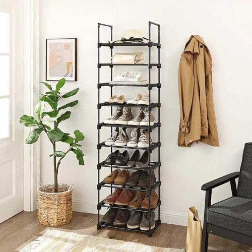 Skostativ 10 niveauer metal, pladsbesparende, sort 30 × 45 × 174 cm