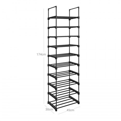 Skostativ 10 niveauer metal, pladsbesparende, sort 30 × 45 × 174 cm