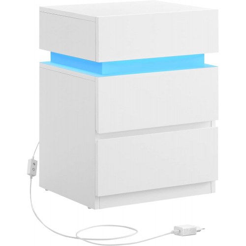 Sengebord med LED-lys – VASAGLE, 3 skuffer, moderne, 35 × 40 × 55 cm, hvid