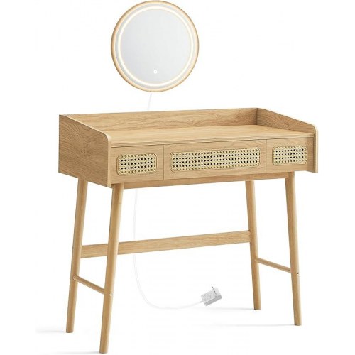 Toiletbord med spejl og lys HOME BOHOVEN, 3 skuffer, justerbar belysning, boheme, eg beige