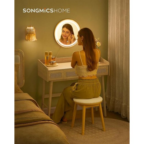 Toiletbord med spejl og lys HOME BOHOVEN, 3 skuffer, justerbar belysning, boheme, eg beige