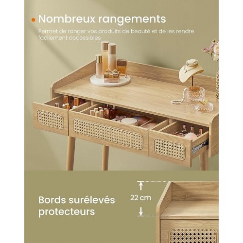 Toiletbord med spejl og lys HOME BOHOVEN, 3 skuffer, justerbar belysning, boheme, eg beige