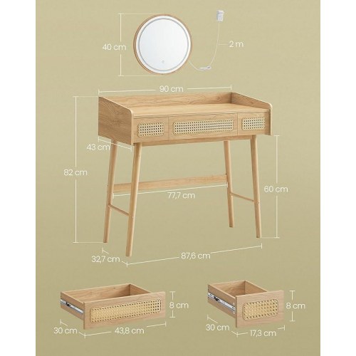 Toiletbord med spejl og lys HOME BOHOVEN, 3 skuffer, justerbar belysning, boheme, eg beige