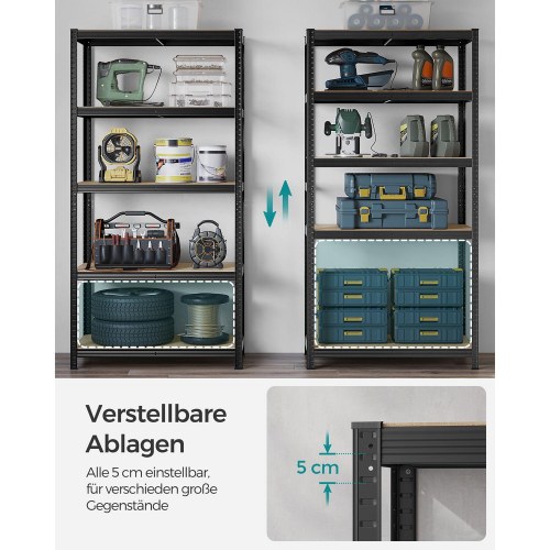 Reol med 5 hylder – SONGMICS, sæt á 2, stål, 50 × 100 × 200 cm, sort