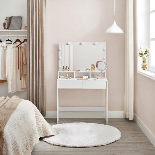 Toiletbord med spejl og 9 LED – VASAGLE, hvid, 2 skuffer