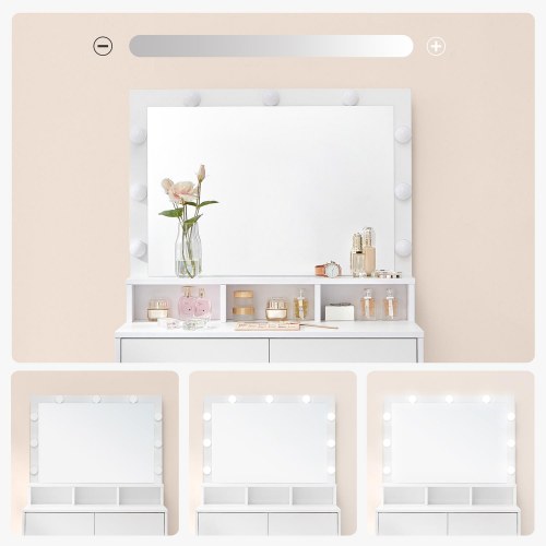 Toiletbord med spejl og 9 LED – VASAGLE, hvid, 2 skuffer