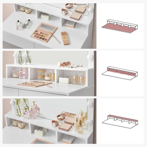 Toiletbord med spejl og 9 LED – VASAGLE, hvid, 2 skuffer