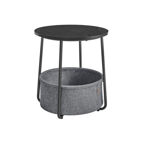 Sofabord rund med stofkurv sidebord/natbord, 45 × 50 cm, ibenholt-sort og skifergrå