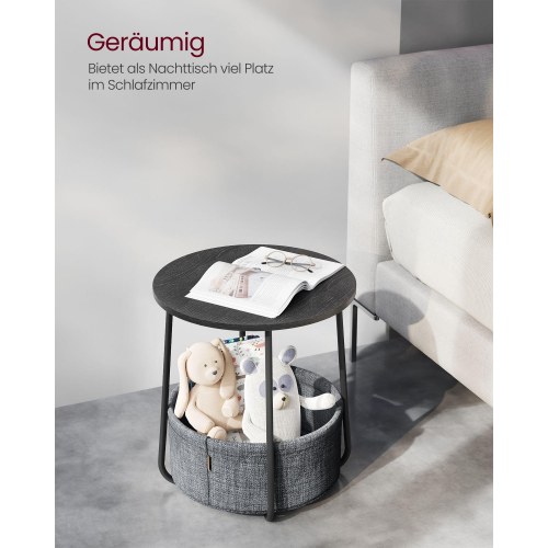 Sofabord rund med stofkurv sidebord/natbord, 45 × 50 cm, ibenholt-sort og skifergrå