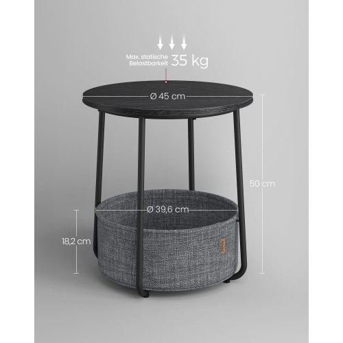 Sofabord rund med stofkurv sidebord/natbord, 45 × 50 cm, ibenholt-sort og skifergrå