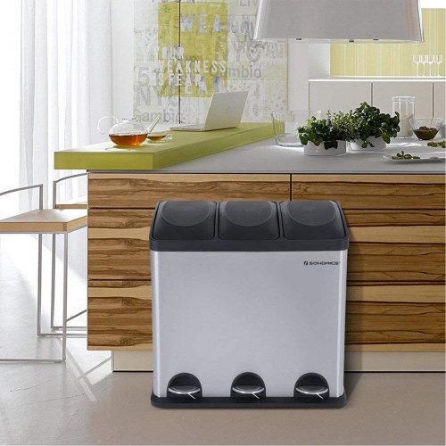 Skraldespand til affaldssortering 54 l 3 rum, pedal, sølv/sort