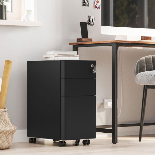Arkivskab på hjul mobil kontorskuffe med lås, 3 skuffer, sort