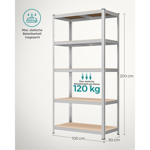 Reol til garage 5 hylder sæt á 2, stål, 50 × 100 × 200 cm, sølv