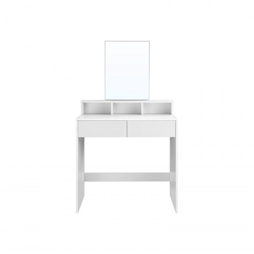 Toiletbord med stort rektangulært spejl, 2 skuffer og 3 åbne rum – hvid