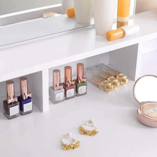 Toiletbord med stort rektangulært spejl, 2 skuffer og 3 åbne rum – hvid