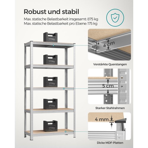 Reolsystem stål 5 hylder sæt á 2, 40 × 90 × 180 cm, sølv