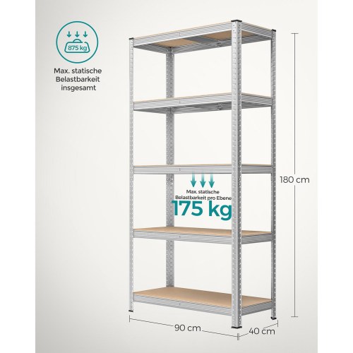 Reolsystem stål 5 hylder sæt á 2, 40 × 90 × 180 cm, sølv