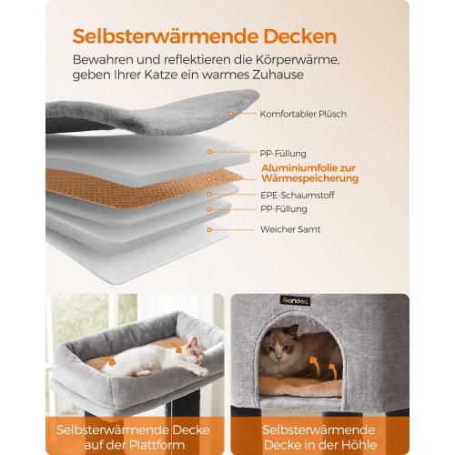 Kattetræ til store katte – FEANDREA, robust kradsetræ med selvopvarmende puder, 2 selv-plejere, 9 kradsepæle, stor liggeplads, hule og kurve, 50 × 50 × 160 cm, duegrå/sort