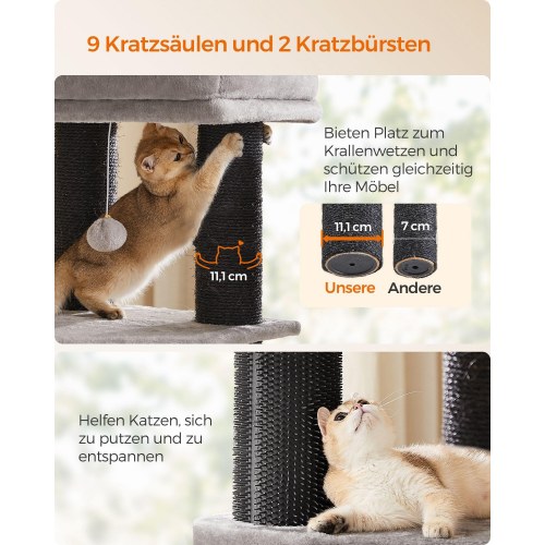 Kattetræ til store katte – FEANDREA, robust kradsetræ med selvopvarmende puder, 2 selv-plejere, 9 kradsepæle, stor liggeplads, hule og kurve, 50 × 50 × 160 cm, duegrå/sort