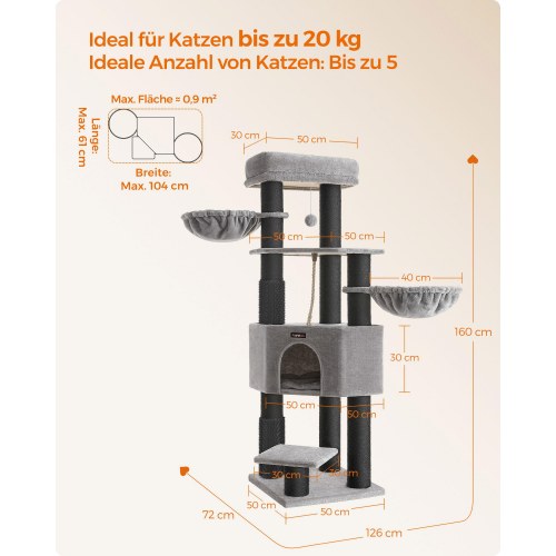 Kattetræ til store katte – FEANDREA, robust kradsetræ med selvopvarmende puder, 2 selv-plejere, 9 kradsepæle, stor liggeplads, hule og kurve, 50 × 50 × 160 cm, duegrå/sort