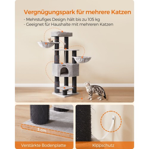 Kattetræ til store katte – FEANDREA, robust kradsetræ med selvopvarmende puder, 2 selv-plejere, 9 kradsepæle, stor liggeplads, hule og kurve, 50 × 50 × 160 cm, duegrå/sort