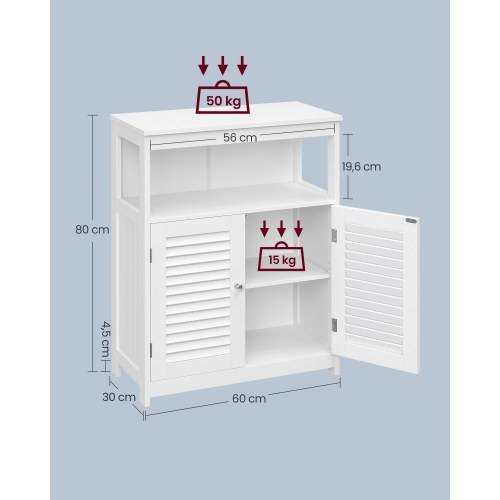 Opbevaringsskab til badeværelse fritstående med dobbelte jalousilåger, hvid 60×30×80 cm