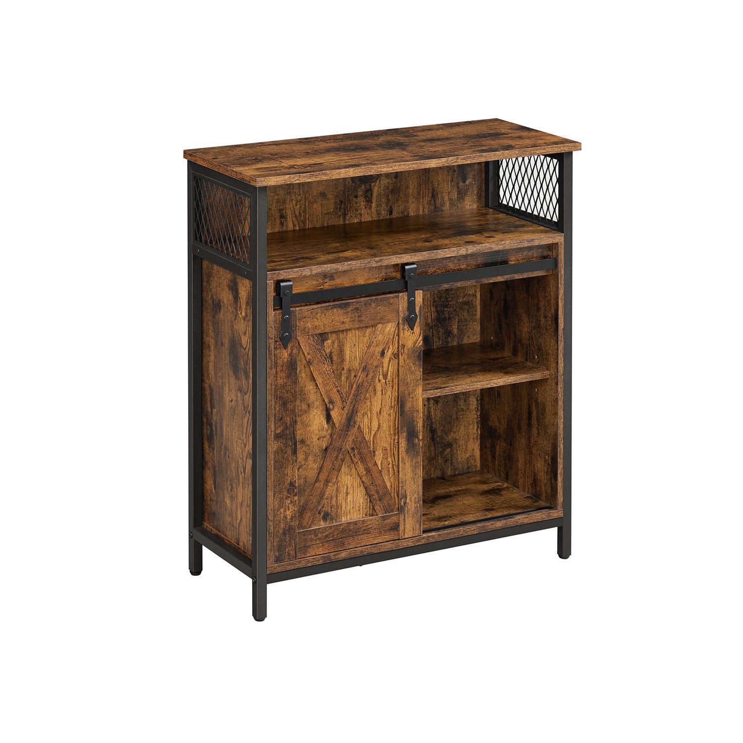 Opbevaringsskab skab med skydedør i lade-stil, åbent rum og justerbar hylde, industrielt design, rustik brun/sort, 70 × 30 × 80 cm