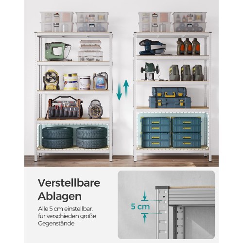 Reol til garage stålhylle med 5 niveauer, 60 × 120 × 200 cm, sølv