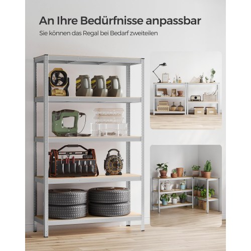 Reol til garage stålhylle med 5 niveauer, 60 × 120 × 200 cm, sølv