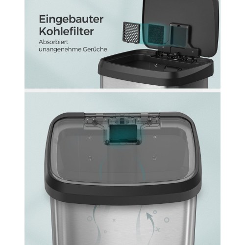 Skraldespand til køkken 68 l rustfrit stål, soft close, låg kan blive åbent, pedal, sølv/sort