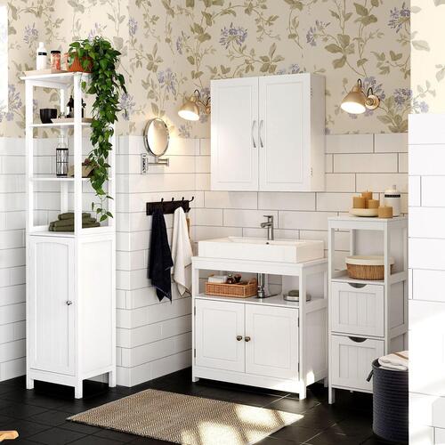 Vægskab – VASAGLE badeværelsesskab med dobbeltlåger, justerbare hylder, 60 × 18 × 60 cm, nordisk mat hvid