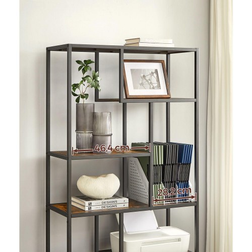 Bogreol 6 niveauer geometrisk udstillingsreol, fritstående opbevaring, 30 × 80 × 180 cm, rustik brun/sort