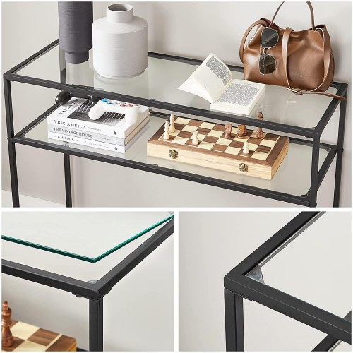 Konsolbord i glas sort stålramme, 2 hylder, justerbare fødder (LGT025B01)