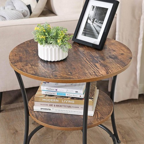 Rundt sidebord med 2 hylder - rustik brun