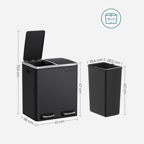 Skraldespand til affaldssortering 2 x 15 l pedal, stål, sort