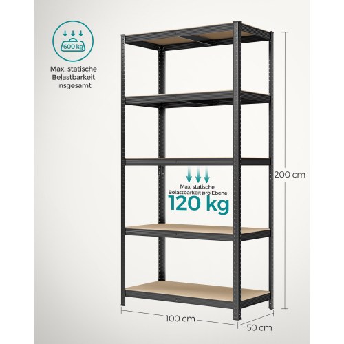 Reol med 5 hylder stålhylle, 50 × 100 × 200 cm, sort
