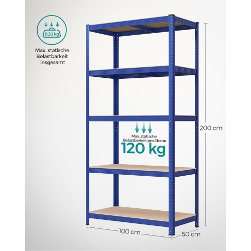 Reol med 5 hylder stålhylle, værkstedsreol 50 × 100 × 200 cm, blå