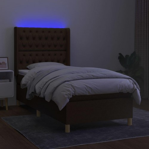 Kontinentalseng med LED-lys 90x190 cm - stof, mørkebrun