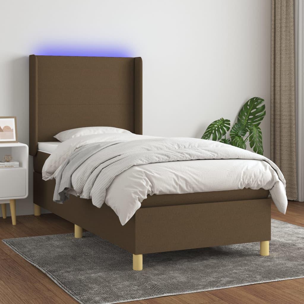 Kontinentalseng med LED-lys 90x190 cm - stof, mørkebrun