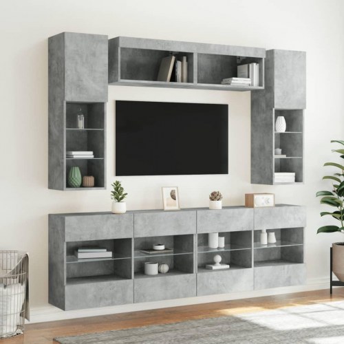 Væghængt tv-møbel 6 dele med LED-lys betongrå