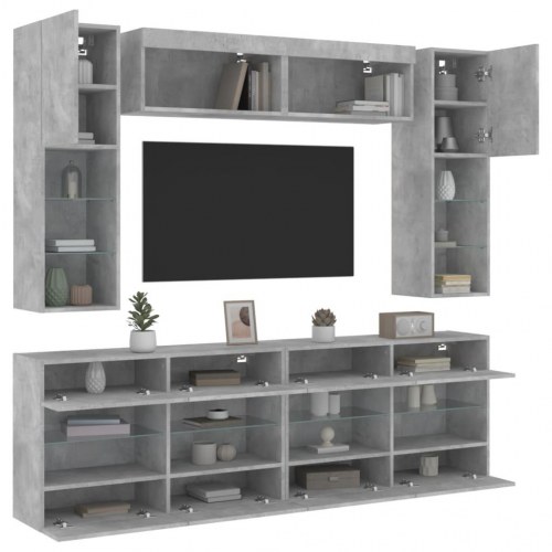 Væghængt tv-møbel 6 dele med LED-lys betongrå