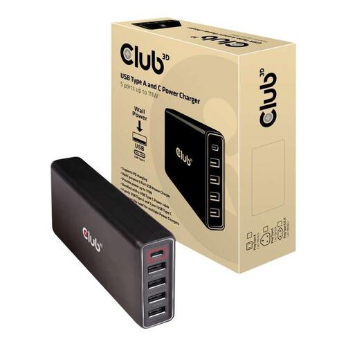 USB oplader 111 W – CLUB3D CAC-1903EU, 4x USB-A + 1x USB-C, EU