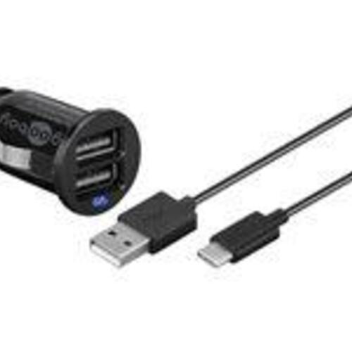 Biloplader med 2x USB – Goobay – 2,1 A, inkl. USB?C kabel, sort