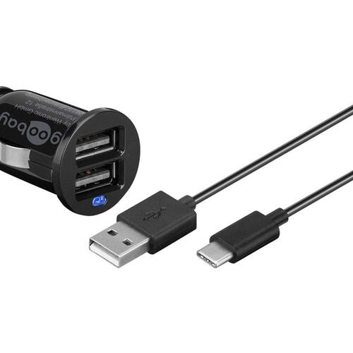 Biloplader med 2x USB – Goobay – 2,1 A, inkl. USB?C kabel, sort