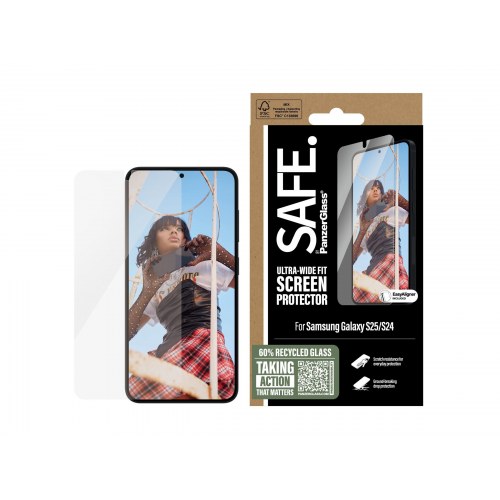 Skærmbeskytter glas til Samsung Galaxy S24/S25 – PanzerGlass SAFE. Ultra-Wide Fit m. EasyAligner