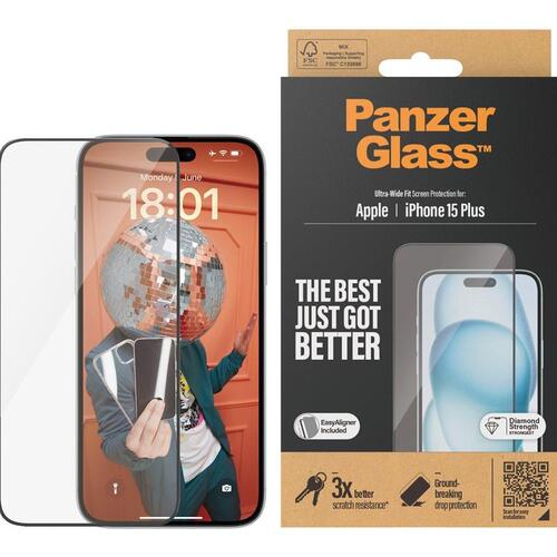 Skærmbeskyttelse PanzerGlass til iPhone 15 Plus – Ultra-Wide Fit, sort ramme