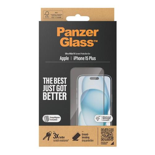 Skærmbeskyttelse PanzerGlass til iPhone 15 Plus – Ultra-Wide Fit, sort ramme