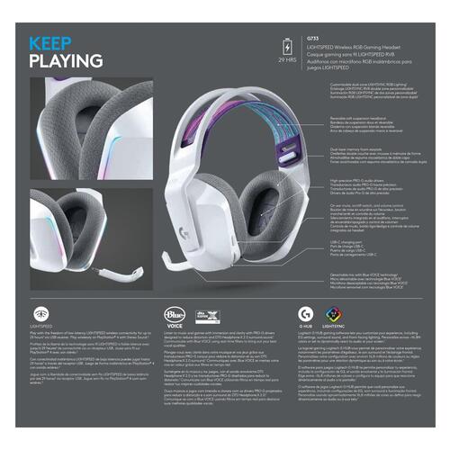 Gaming headset trådløst – Logitech G733 Lightspeed RGB (hvid)